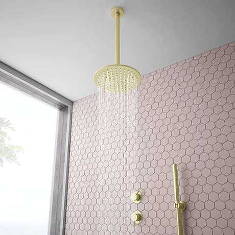 Arezzo Brushed Brass Concealed Individual Diverter + Thermostatic Control Valve with Handset + Ceiling Mounted Shower Head
