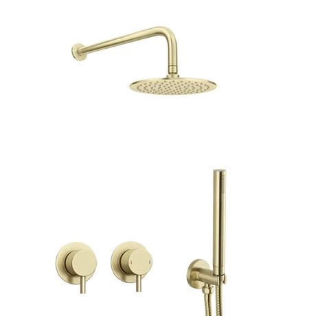 Arezzo Brushed Brass Concealed Individual Diverter + Thermostatic Control Valve with Handset + Wall Mounted Shower Head - Image 5
