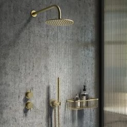 Arezzo Brushed Brass Concealed Individual Diverter + Thermostatic Control Valve with Handset + Wall Mounted Shower Head