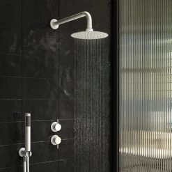 Arezzo Matt White Concealed Individual Diverter + Thermostatic Control Valve with Handset + Wall Mounted Shower Head