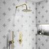 Arezzo Brushed Brass Push-Button Shower with Handset + Rainfall Shower Head