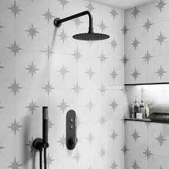 Arezzo Matt Black Push-Button Shower with Handset + Rainfall Shower Head