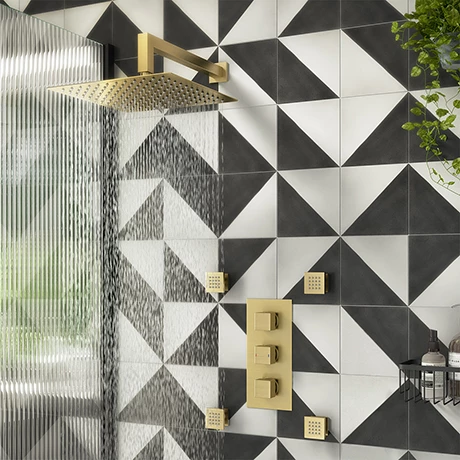 Arezzo Brushed Brass Square Shower System (Valve with Fixed Shower Head + 4 Body Jets)