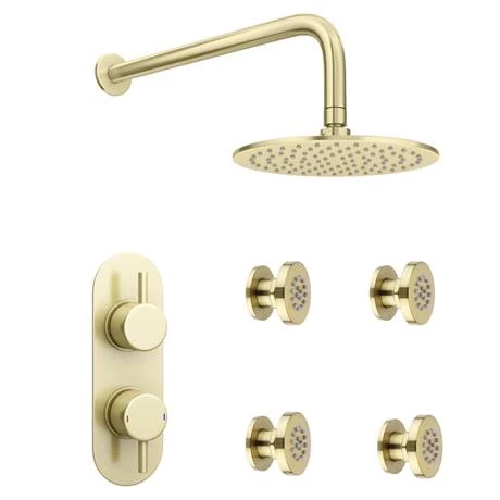 Arezzo Brushed Brass Round Shower System w. Diverter, Fixed Head + 4 Body Jets (Oval Backplate) - Image 4