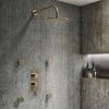 Arezzo Brushed Brass Round Shower System w. Diverter, Fixed Head + 4 Body Jets (Oval Backplate)