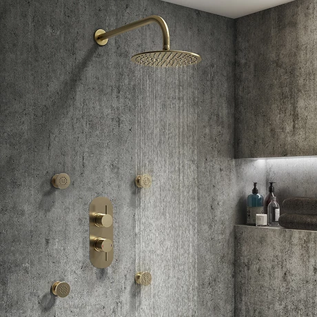 Arezzo Brushed Brass Round Shower System w. Diverter, Fixed Head + 4 Body Jets (Oval Backplate)