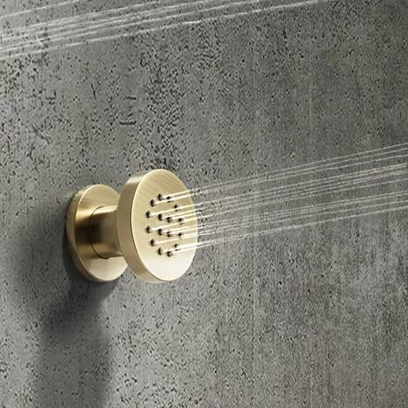 Arezzo Brushed Brass Round Concealed Triple Shower Valve with Fixed Head + 4 Body Jets - Image 2