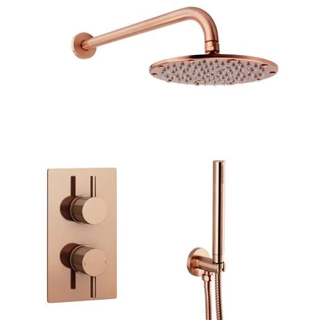 Arezzo Rose Gold Round Shower System (Twin Valve with Diverter, Wall Mounted Head + Handset) - Image 3