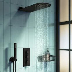 Arezzo Matt Black Round Triple Thermostatic Shower Pack w. Flat Fixed Head + Handset