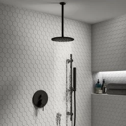 Arezzo Matt Black Shower System (Valve inc. 195mm Ceiling Mounted Head + Slide Rail Kit with Handset)