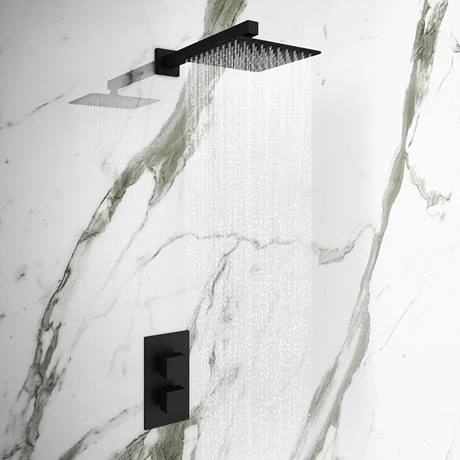 Arezzo Square Matt Black 2 Outlet Shower System (Fixed Shower Head + Slimline Waterfall Bath Spout) - Image 5