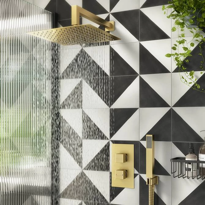 Arezzo Brushed Brass Square Shower System (Twin Valve with Diverter, Wall Mounted Head + Handset)