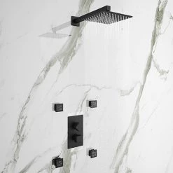 Arezzo Matt Black Square Shower System with Diverter, Fixed Shower Head + 4 Body Jets