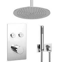 Cruze Round Push-Button Ceiling Mounted Shower Pack (with Handset + Rainfall Shower Head