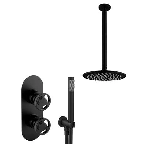 Arezzo Matt Black Industrial Style Shower System with Valve, Handset + Ceiling Mounted Head - Image 5