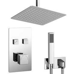 Milan Square Push-Button Ceiling Mounted Shower Pack (with Handset + Rainfall Shower Head)