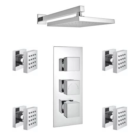 Milan Square Concealed Triple Shower Valve with Fixed Head & 4 Body Jets - Chrome - Image 5