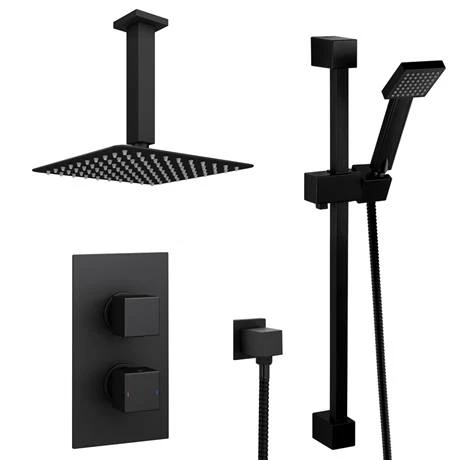 Arezzo Matt Black Square Thermostatic Shower Pack with Head + Slider Rail Kit - Image 3